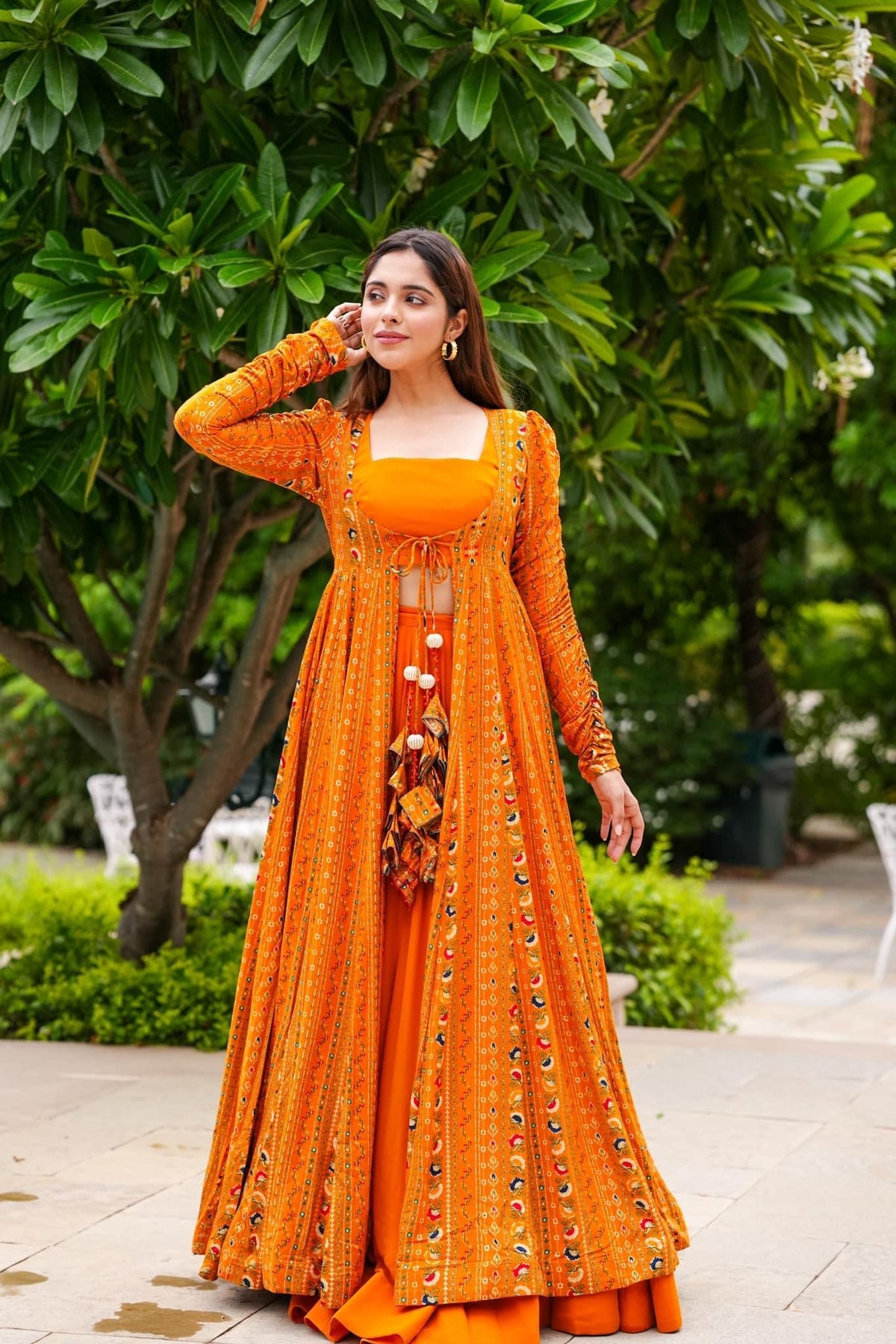 Bright-Orange Three Piece Digital Printed Koti Style Indo-Western Suit with Heavy Rayon Long Jacket - Joshindia
