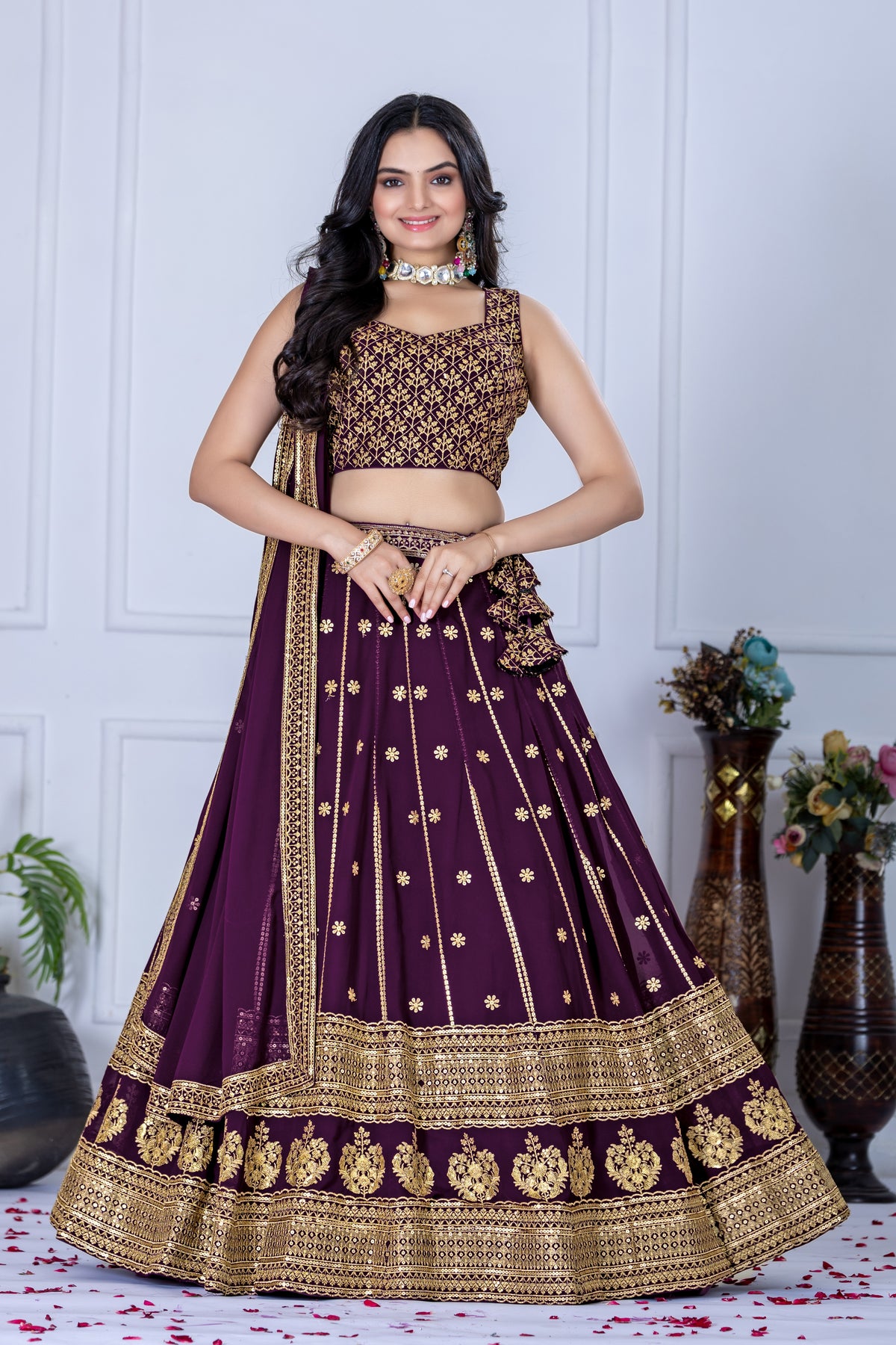 Purple Color Golden EmbroideredLehenga Choli