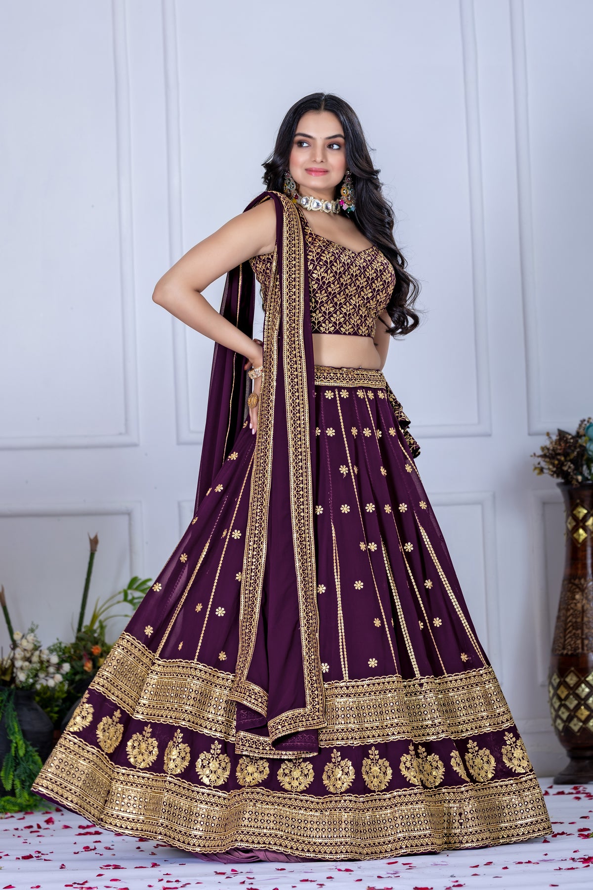 Purple Color Golden EmbroideredLehenga Choli