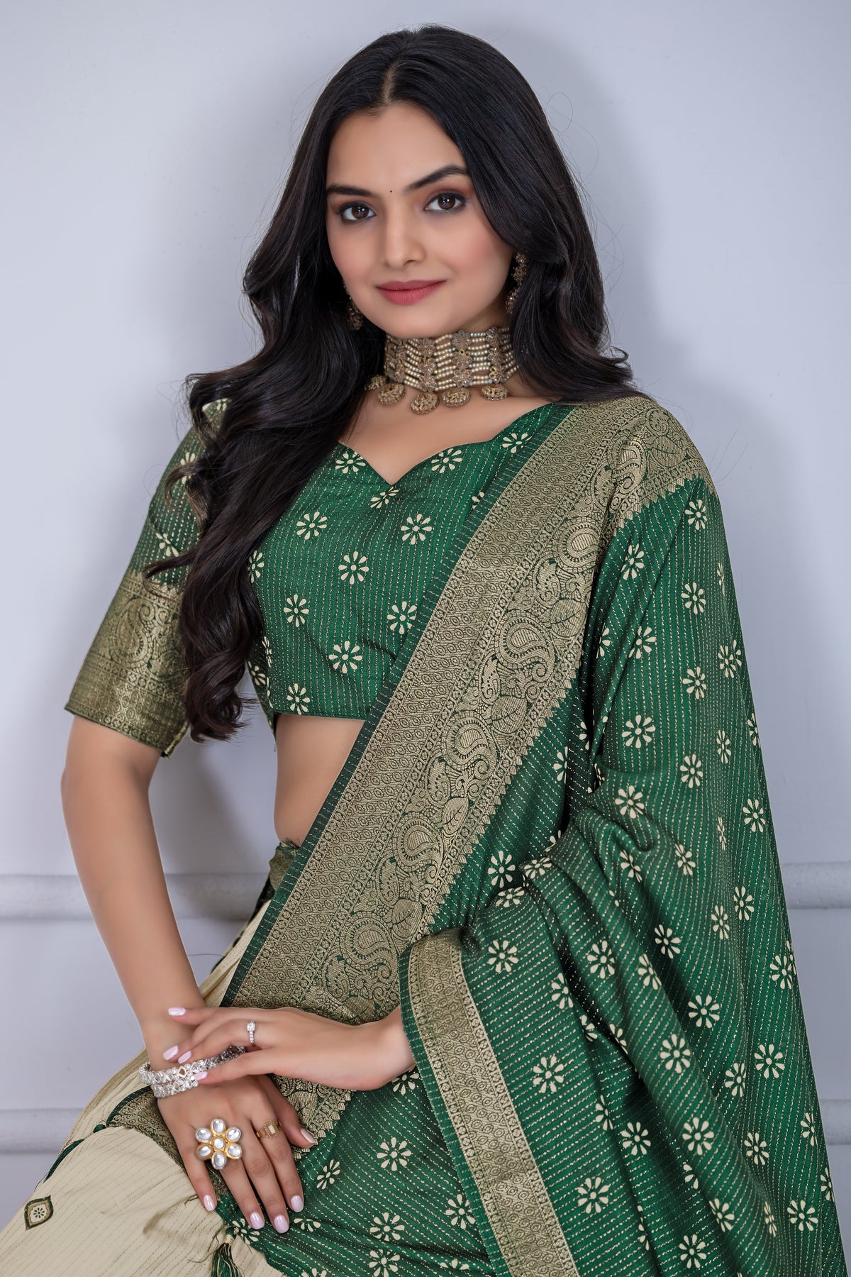 Cream With Green Color Designer Jacquard Border Lehenga Choli
