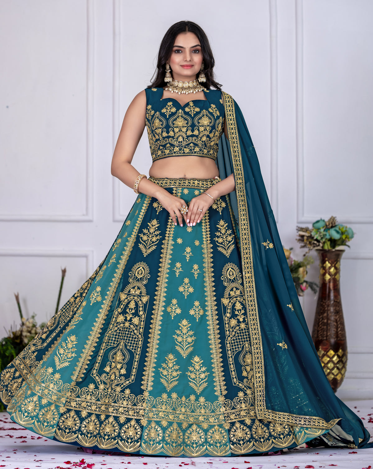 Gray With Blue Color Embroidered Designer Lehenga