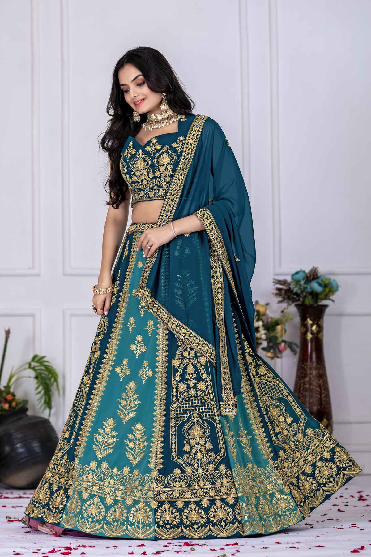 Gray With Blue Color Embroidered Designer Lehenga