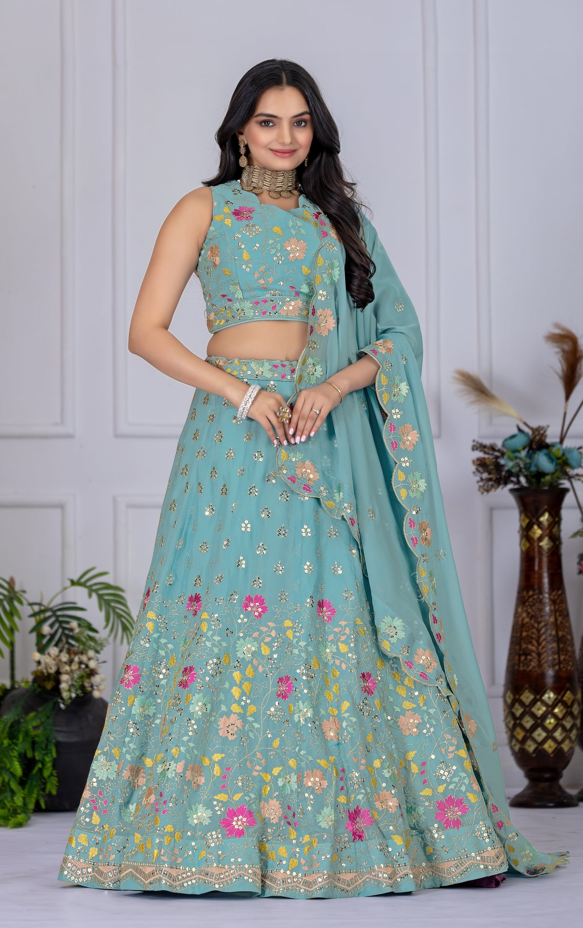 Gray With Pink Flower Tread Work Designer Lehenga Choli