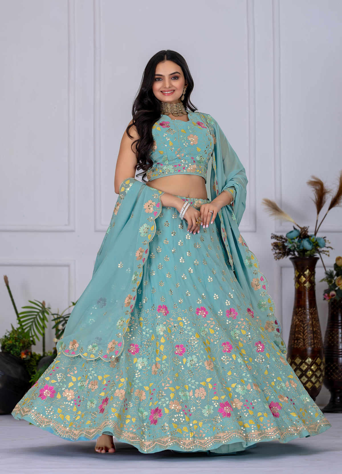 Gray With Pink Flower Tread Work Designer Lehenga Choli