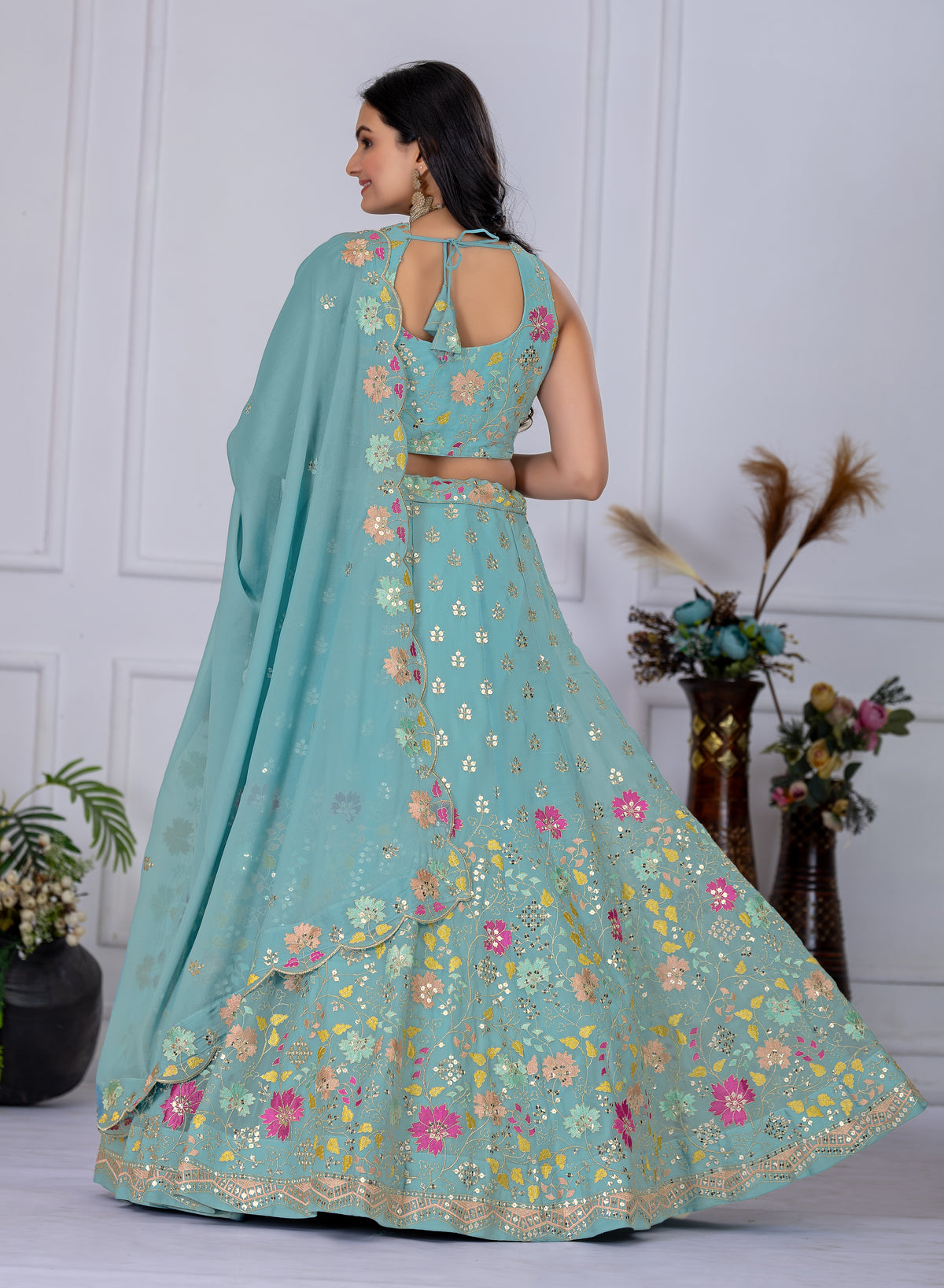 Gray With Pink Flower Tread Work Designer Lehenga Choli