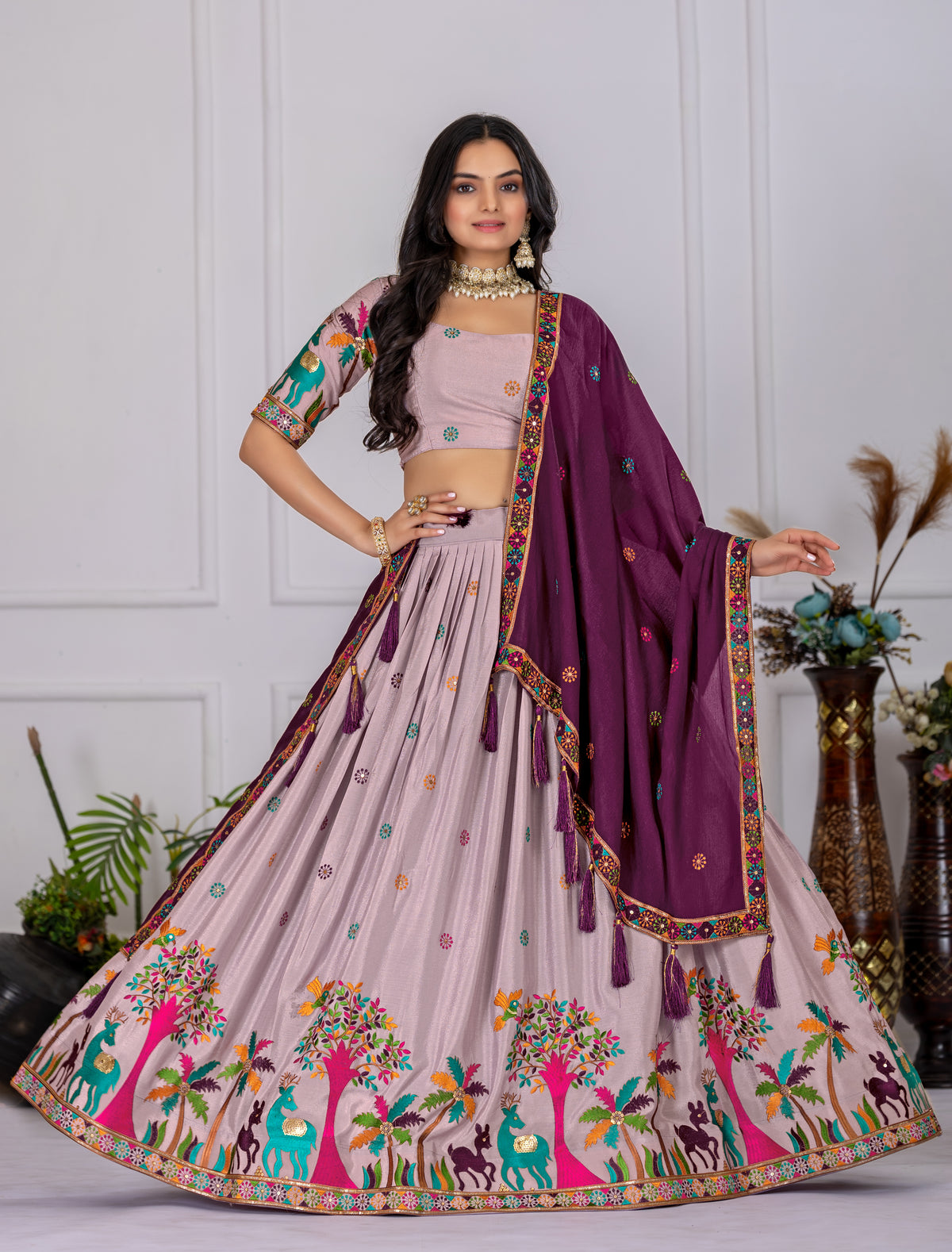 Light Beet Root Color Designer Embroidered Lehenga Choli