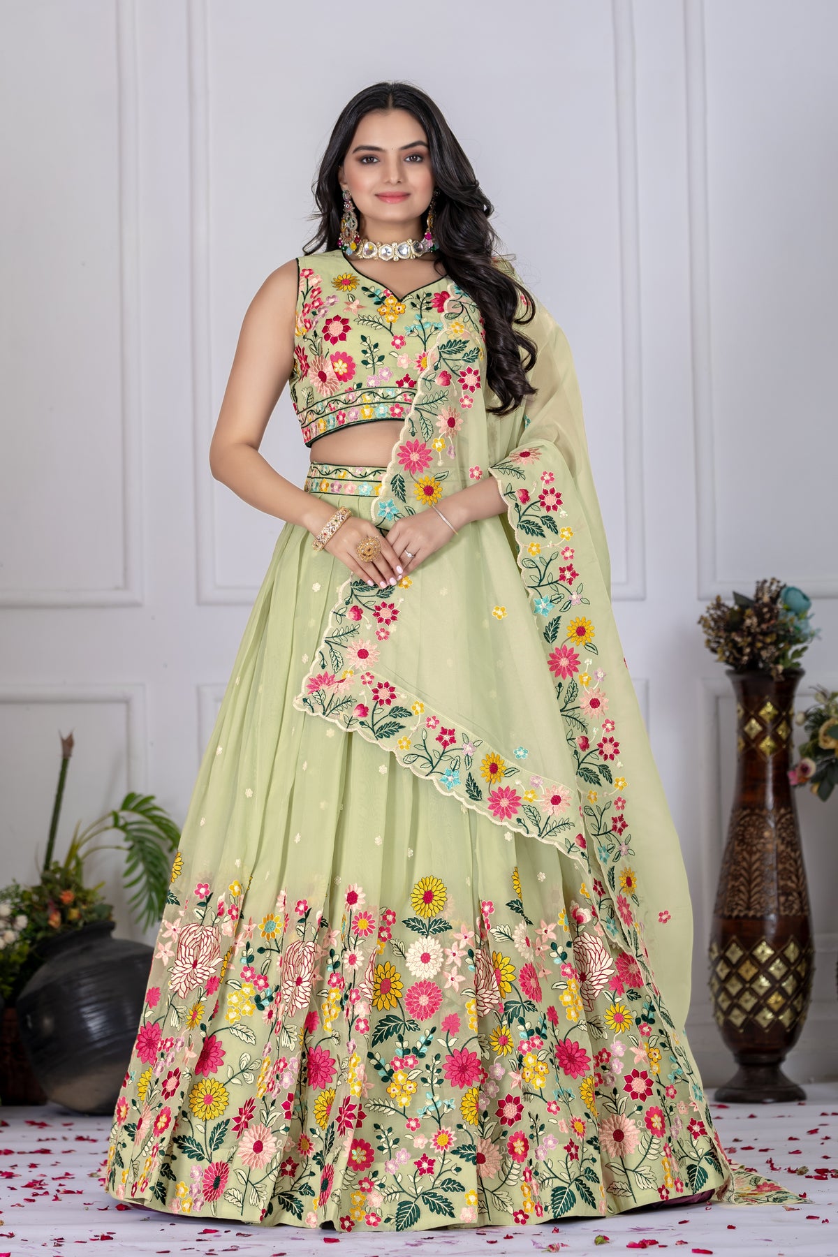 Pastel green Color Designer Thread Embroidered Lehenga Choli