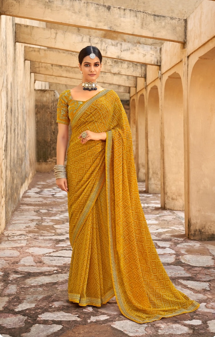 Mustard Pure Georgette Printed Saree - JOSHINDIA - Joshindia