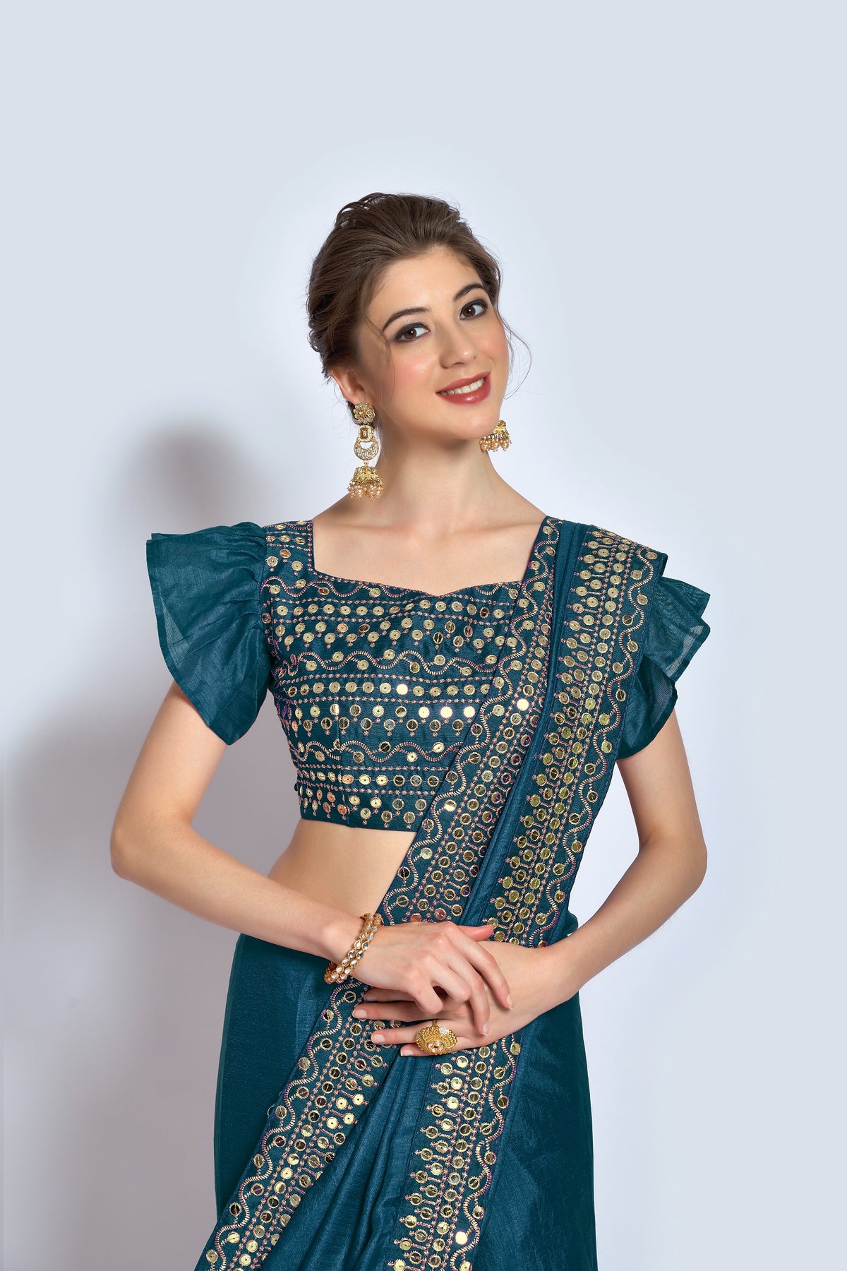 Vichitra Silk Pedding Petrol sequence work saree - Joshindia