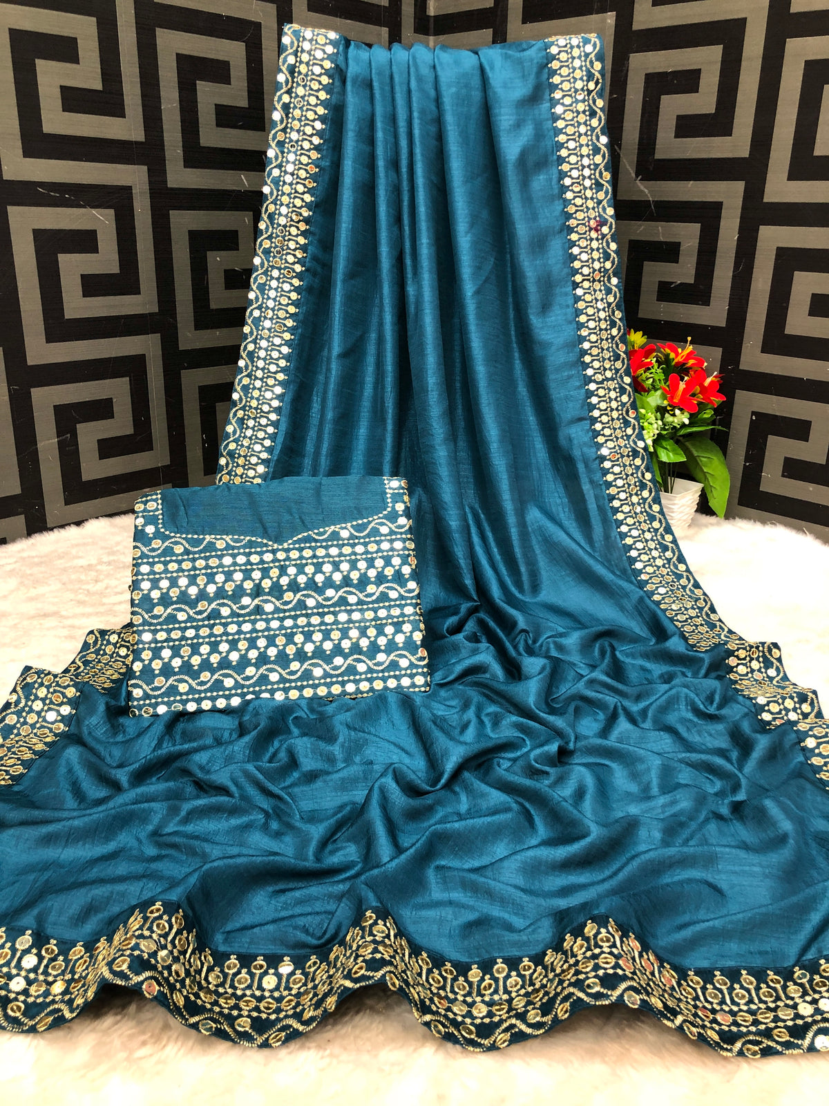 Vichitra Silk Pedding Petrol sequence work saree - Joshindia