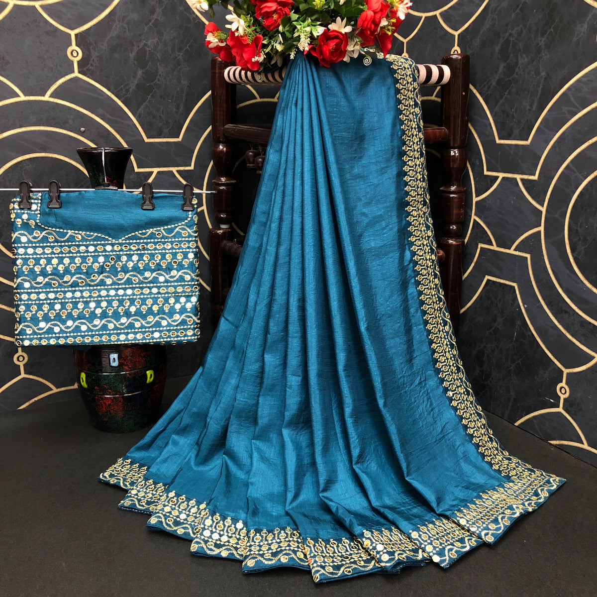 Vichitra Silk Pedding Petrol sequence work saree - Joshindia
