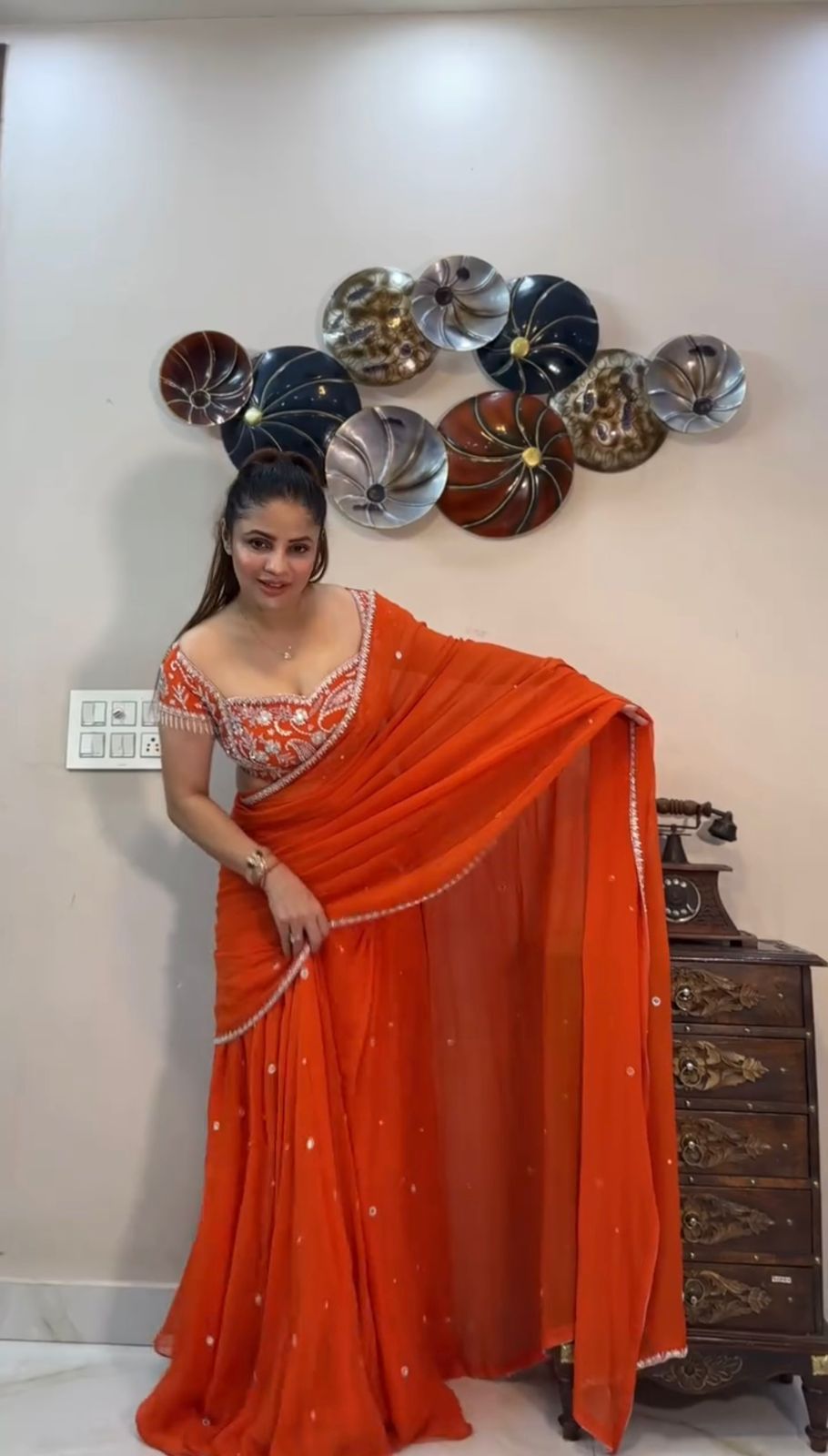 Designer Orange Color Ready To Wear Lehenga Saree