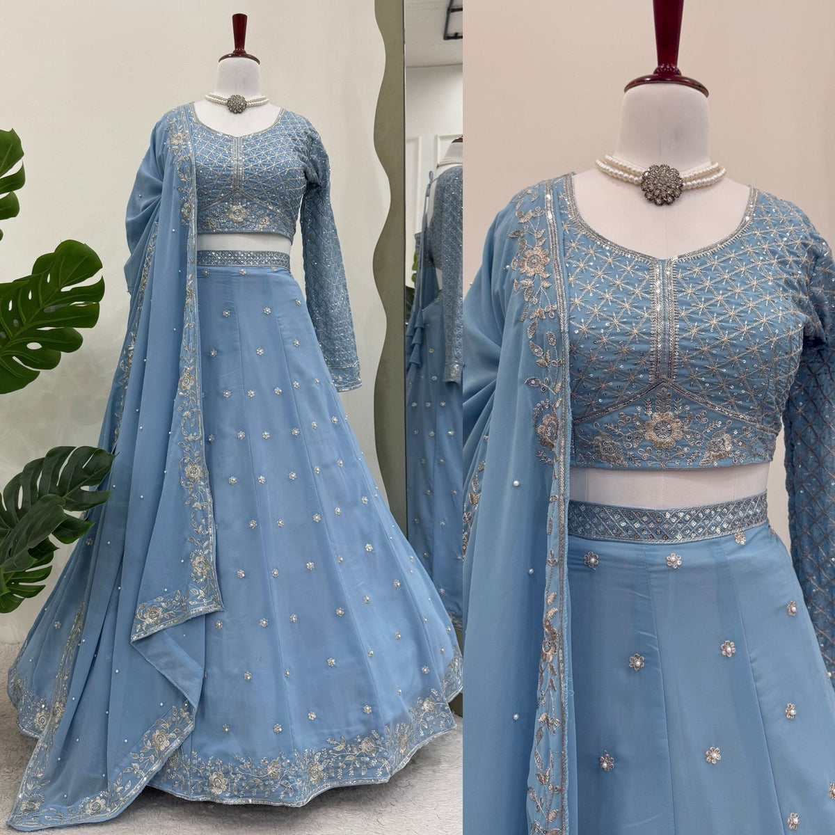 Grey Georgette Sequins Thread Work Lehenga Choli