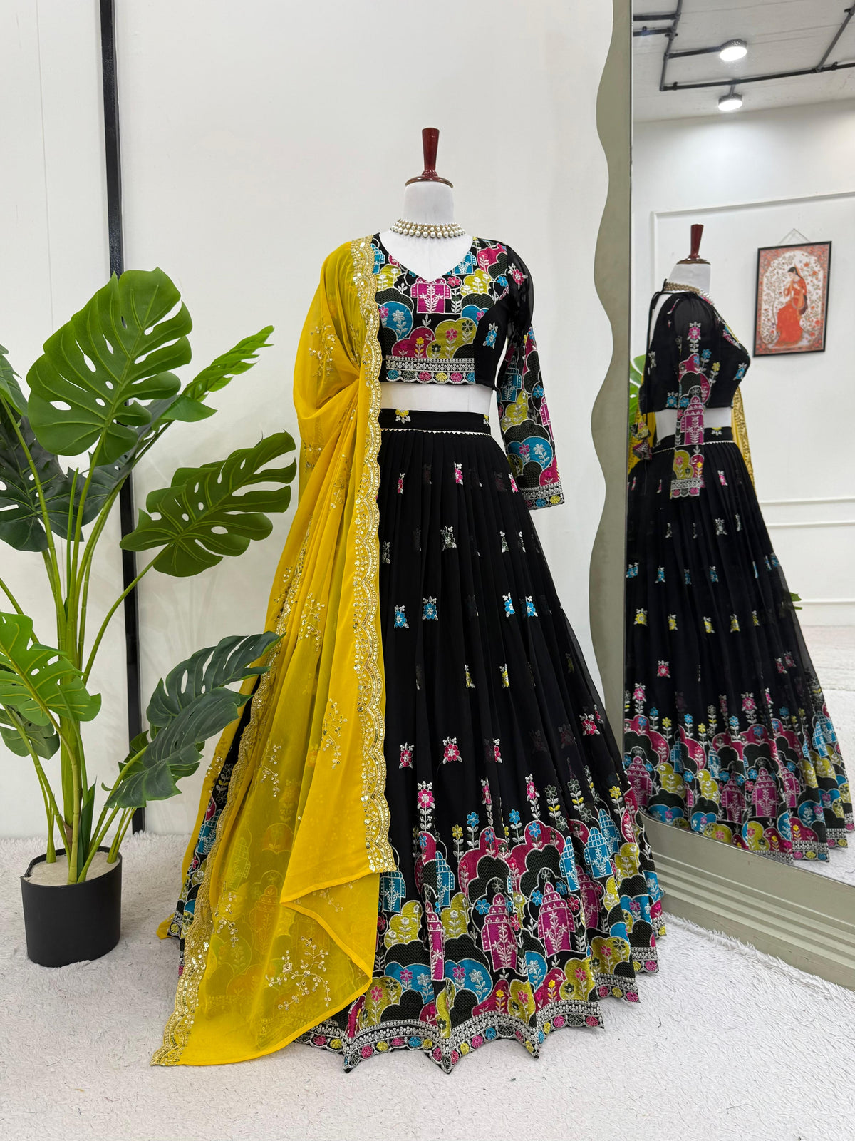 Black and Yellow Color Embroidered Lehenga Choli