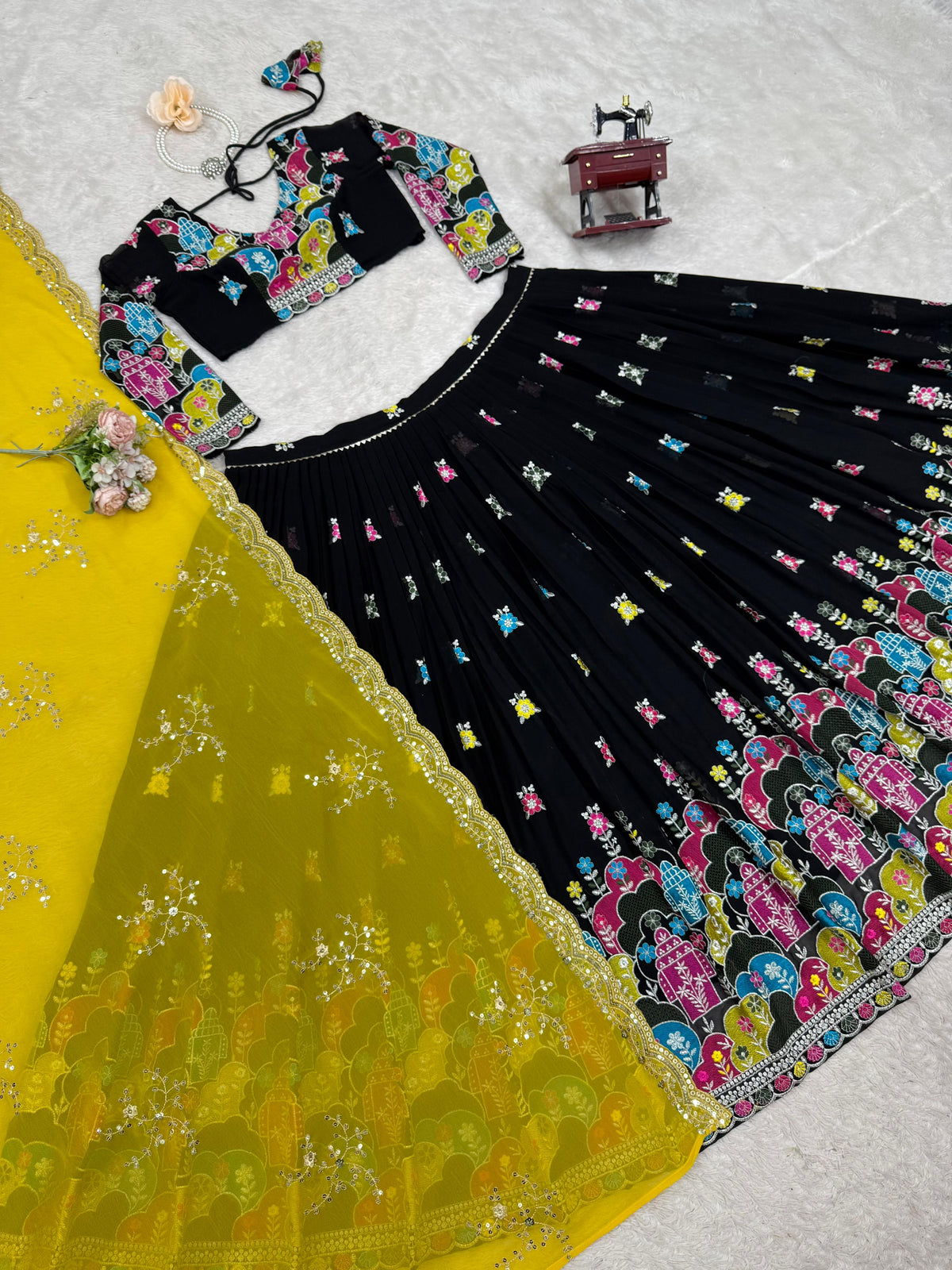 Black and Yellow Color Embroidered Lehenga Choli