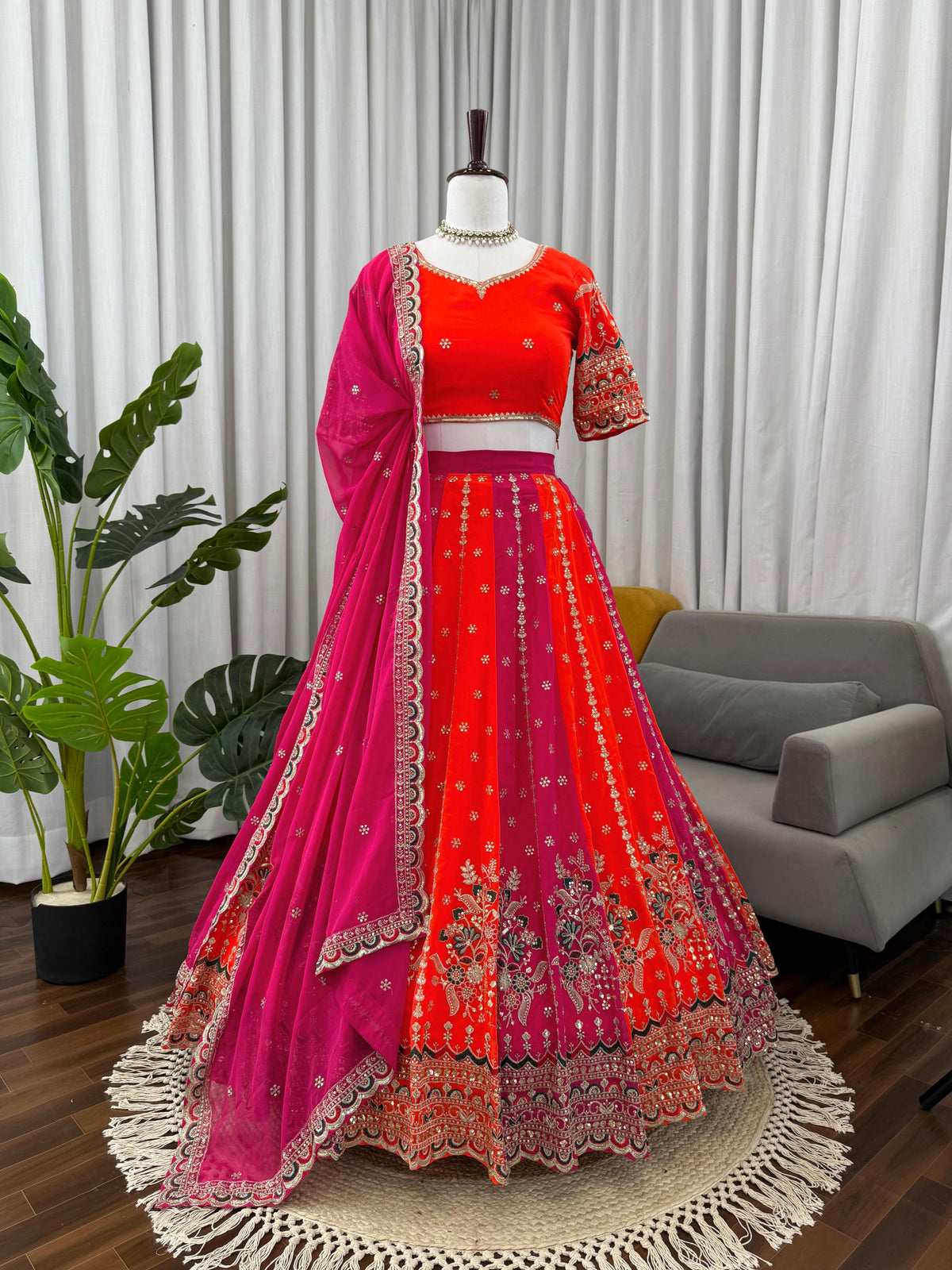 Orange and Pink Georgette Thread With Sequence Work Lehenga Choli