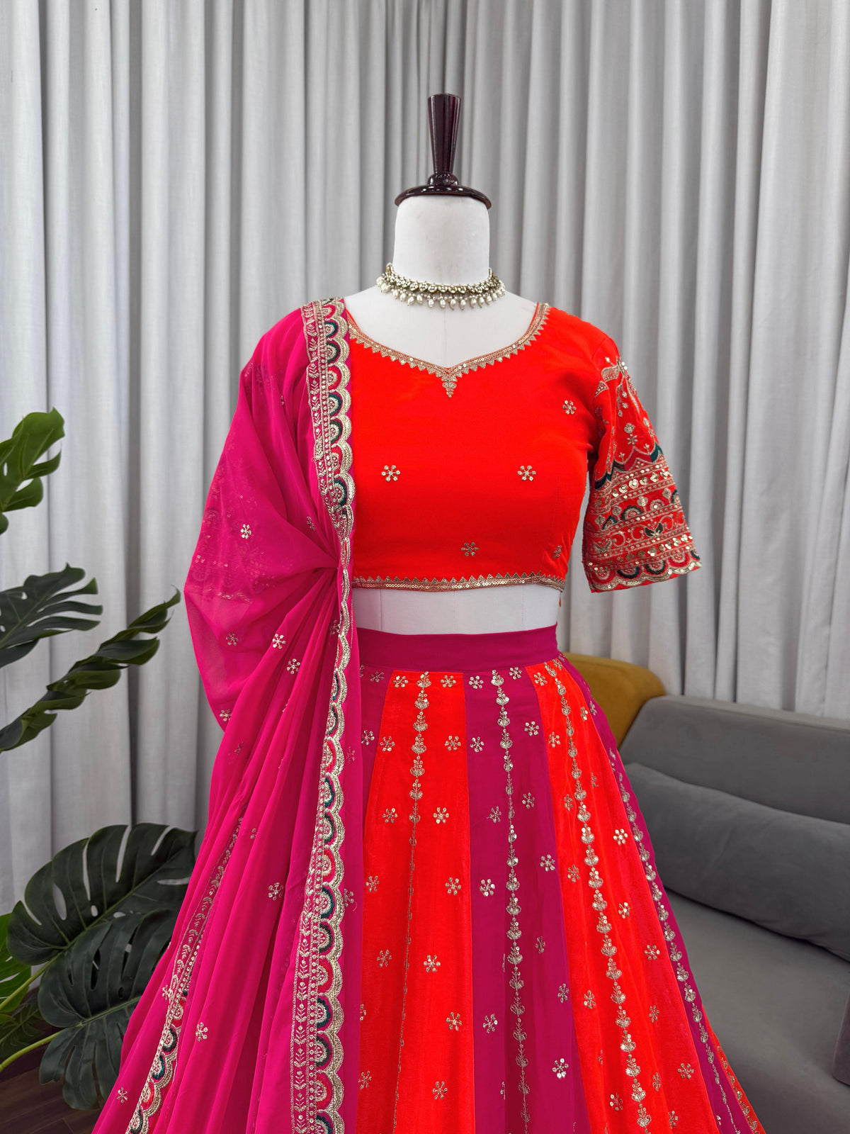 Orange and Pink Georgette Thread With Sequence Work Lehenga Choli