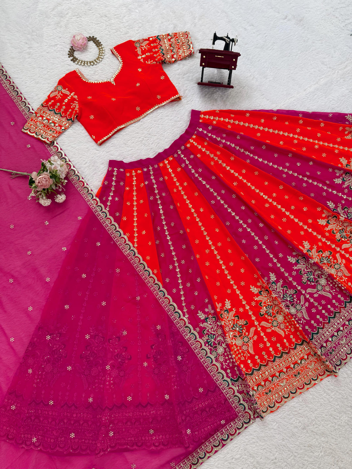 Orange and Pink Georgette Thread With Sequence Work Lehenga Choli