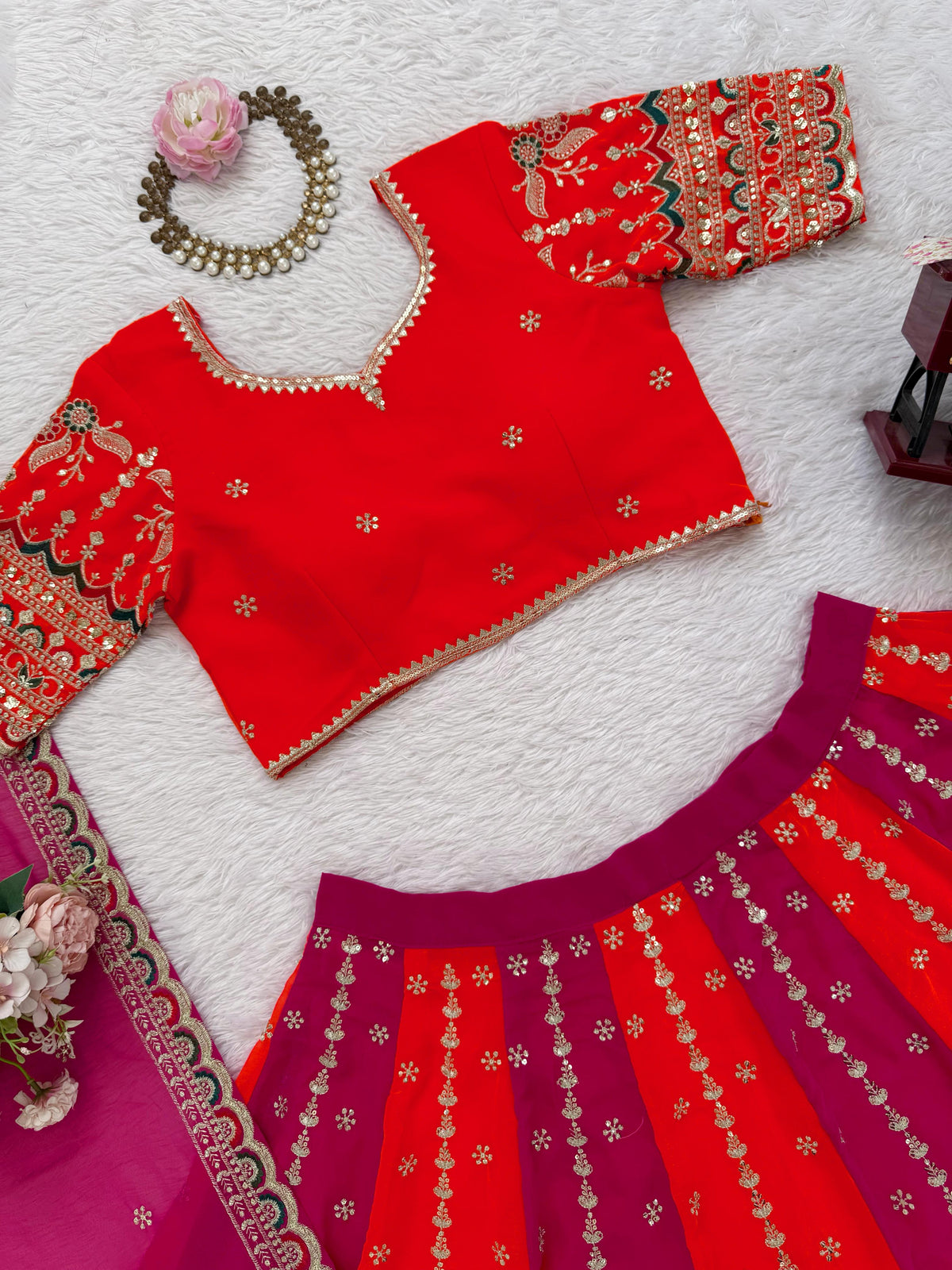 Orange and Pink Georgette Thread With Sequence Work Lehenga Choli