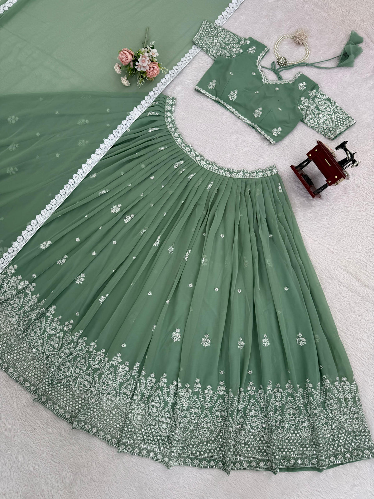 Pista Color Sequnce Work Lehenga Choli