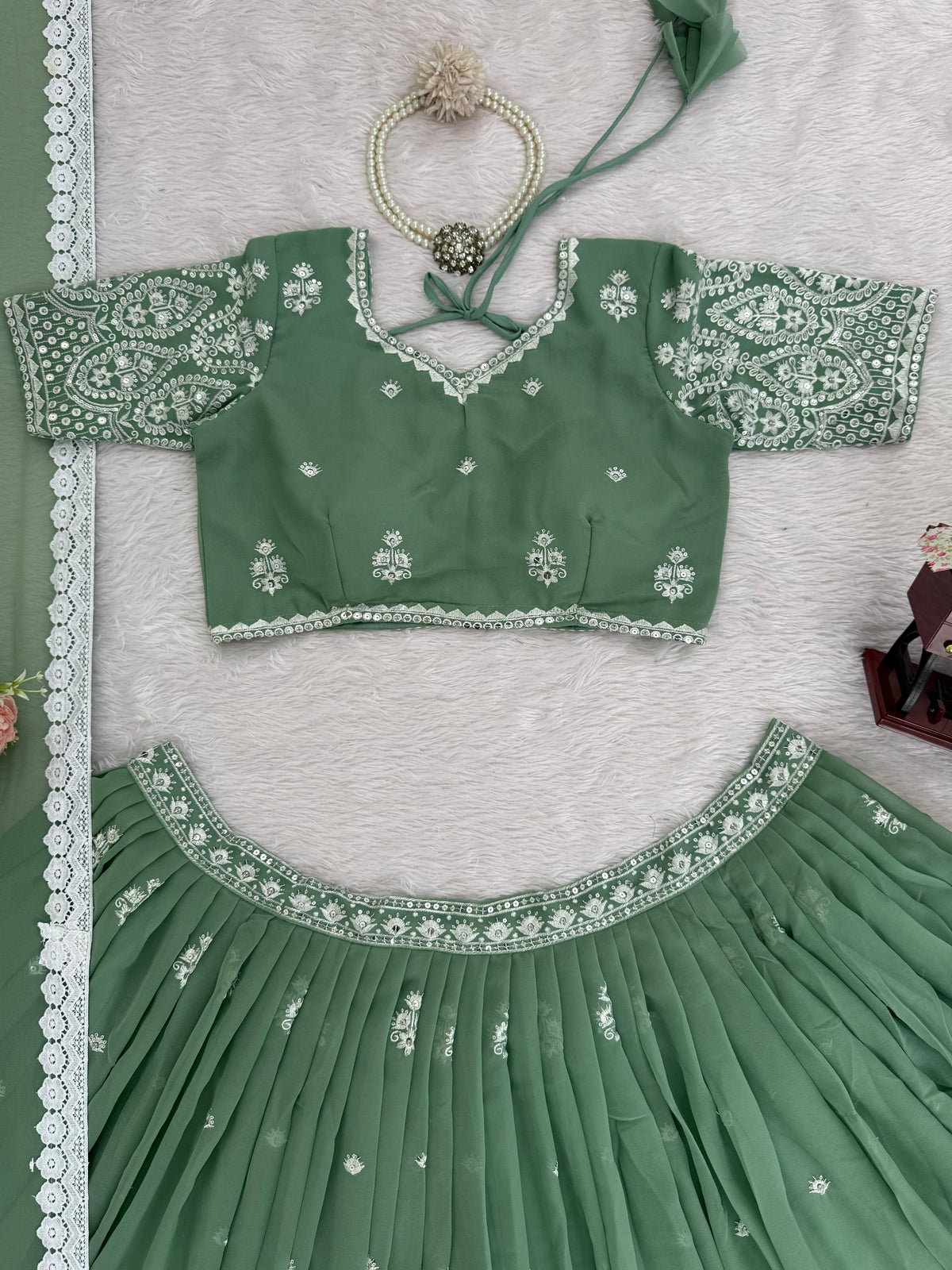 Pista Color Sequnce Work Lehenga Choli