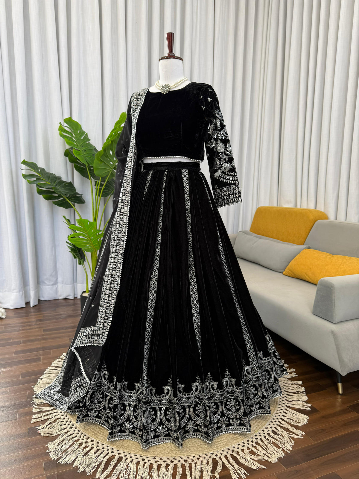 Designer Viscos velvet Embroidered Thread Work Semi-Stitched Lehenga Choli