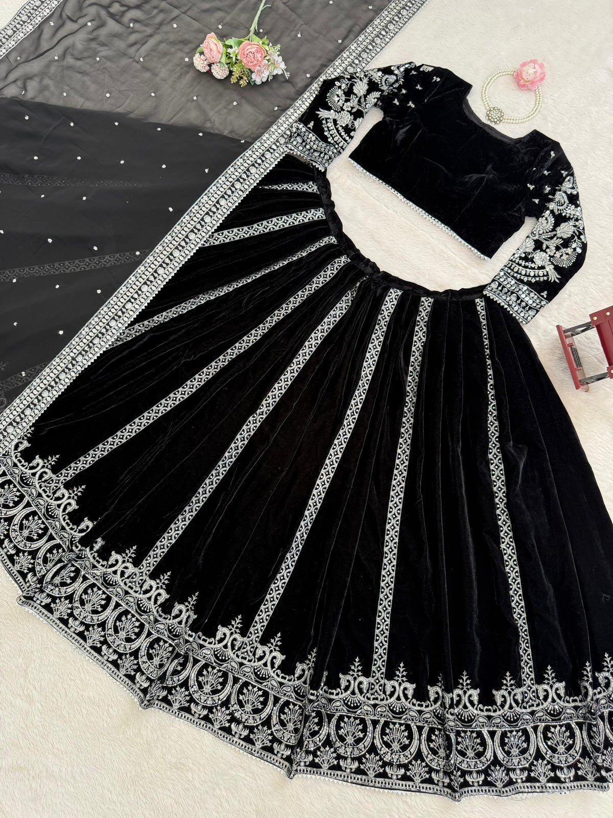 Designer Viscos velvet Embroidered Thread Work Semi-Stitched Lehenga Choli