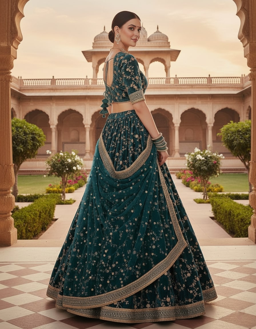 Green Color Velvet Designer Embroidery Lehenga Choli