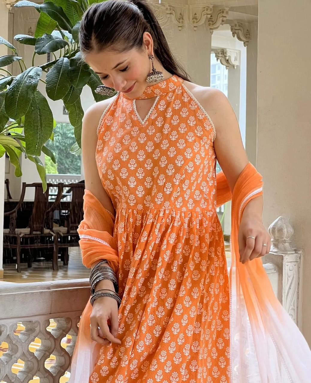 New Anarkali kurta set with new style in blockprint - Joshindia