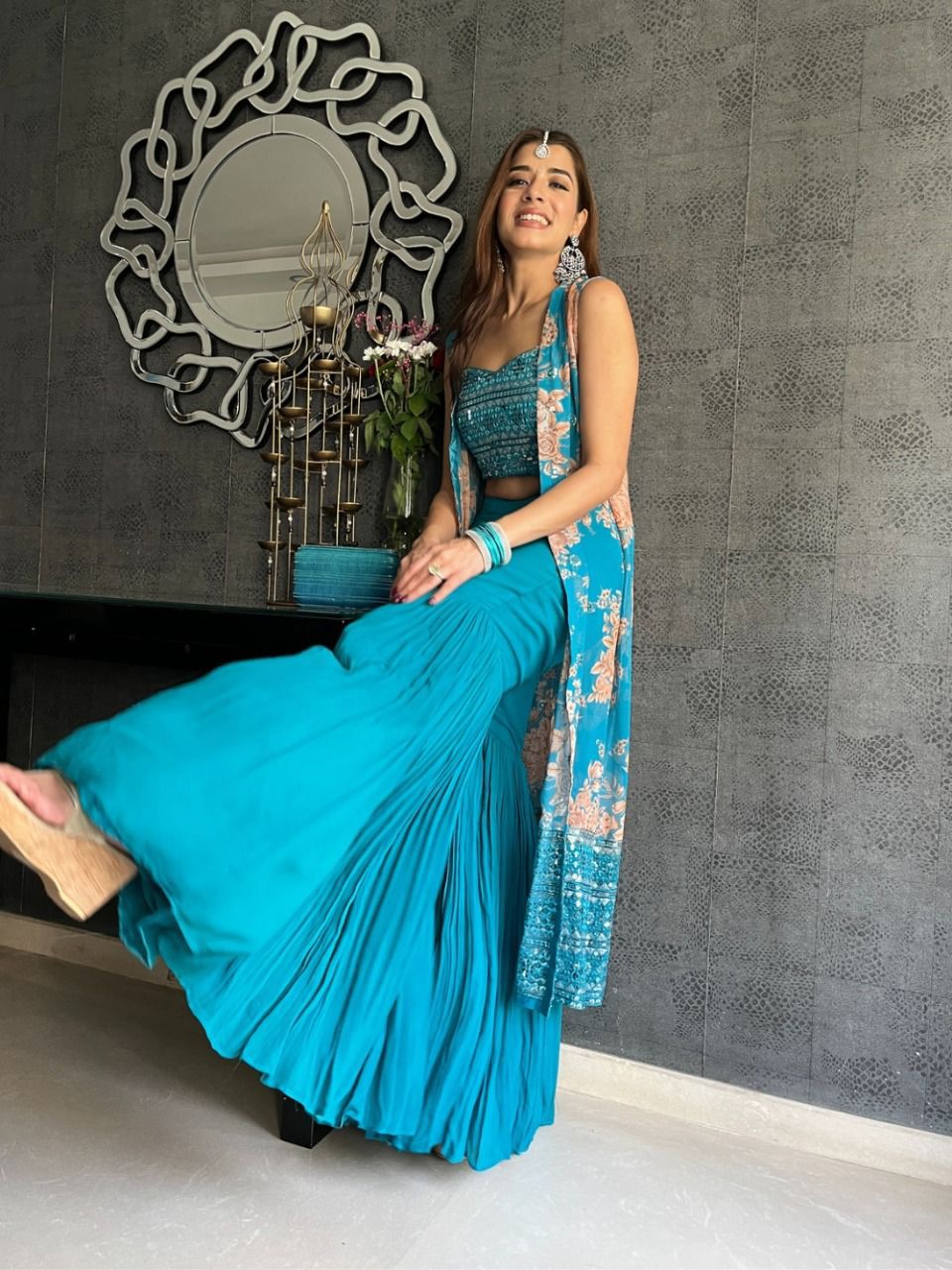 Sky Blue Crop Top Sharara With Shrug - Joshindia