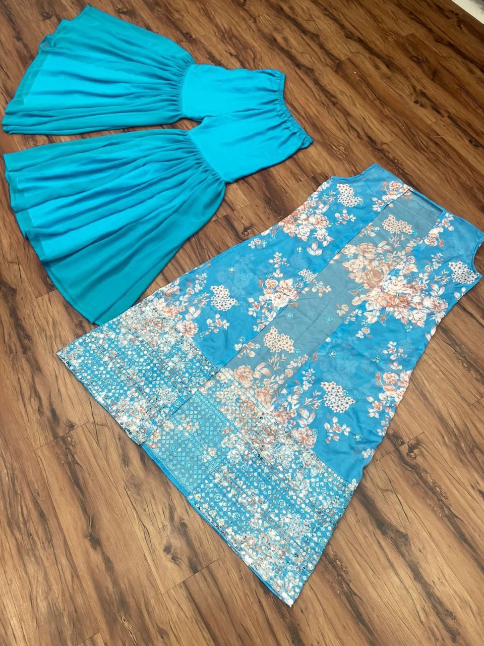 Sky Blue Crop Top Sharara With Shrug - Joshindia
