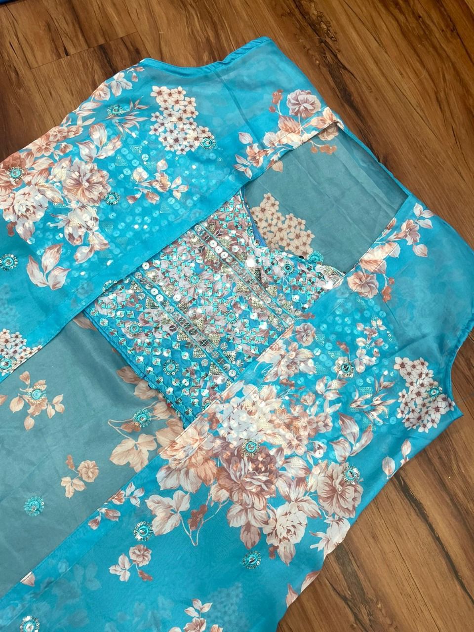 Sky Blue Crop Top Sharara With Shrug - Joshindia