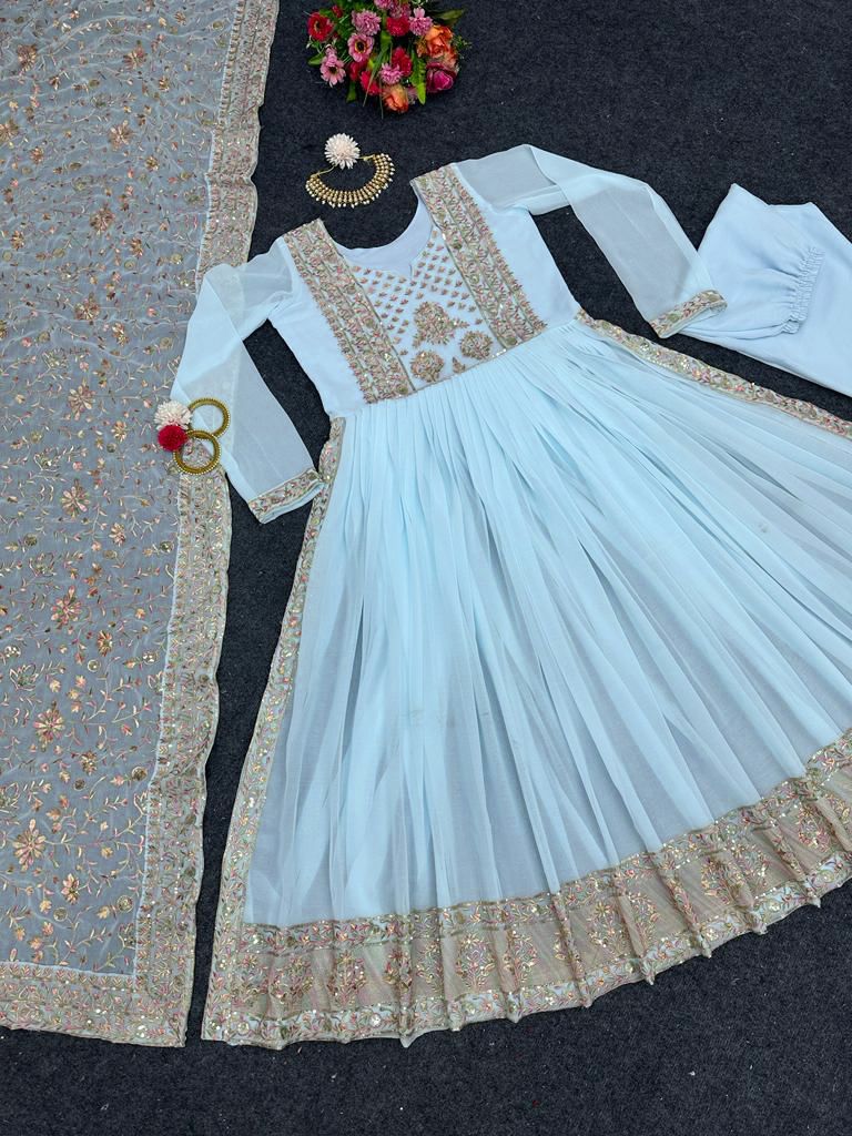 Sky Blue Kurta Set With Dupatta - Joshindia