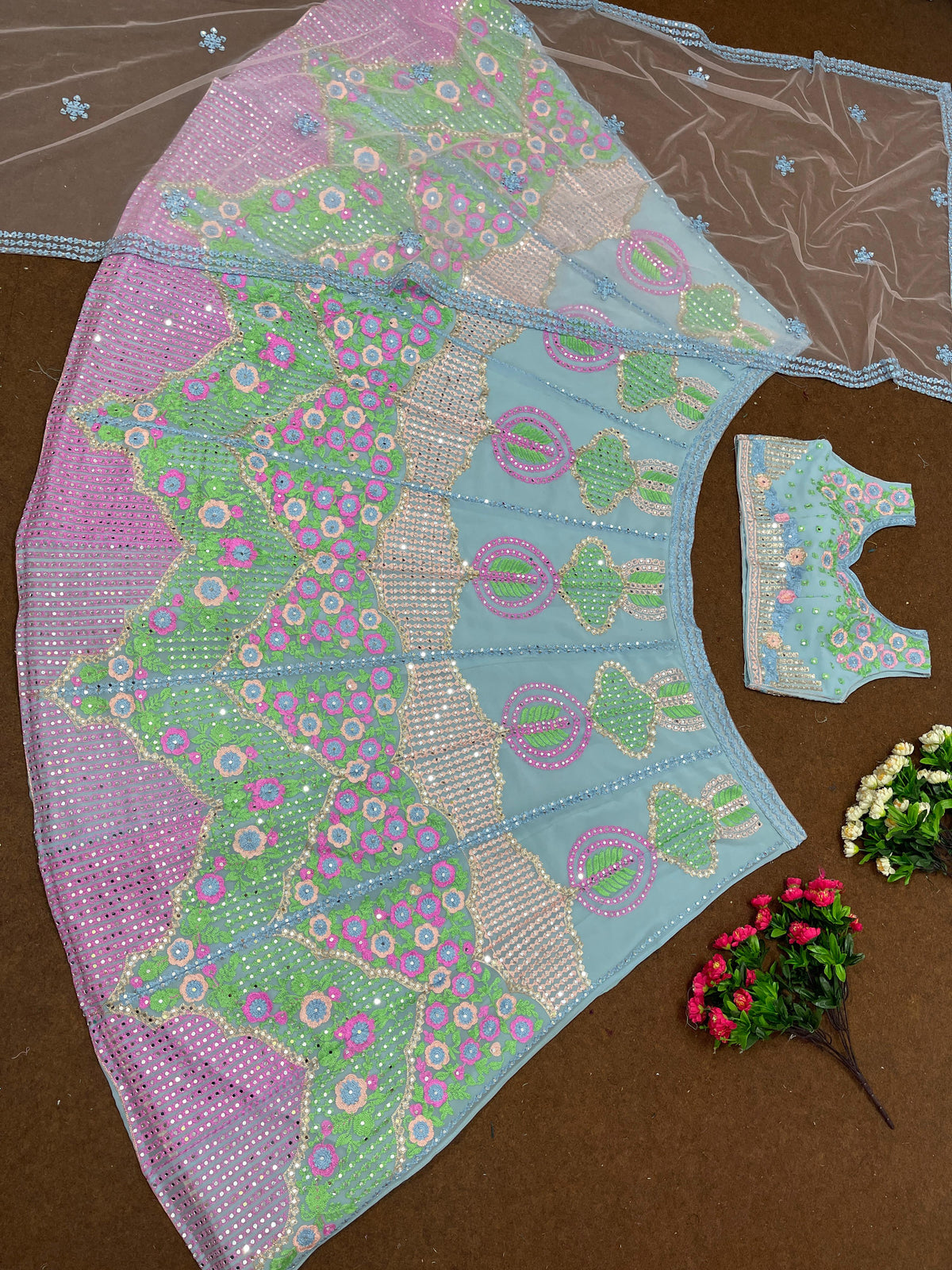 Wedding Wear Heavy Faux Georgette Embroidered Sequence Real Mirror Work Lehenga Choli - Joshindia