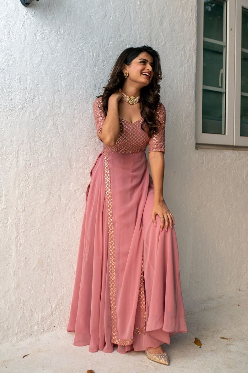 Dusty Pink Sequin Pannel Long Dress - Joshindia