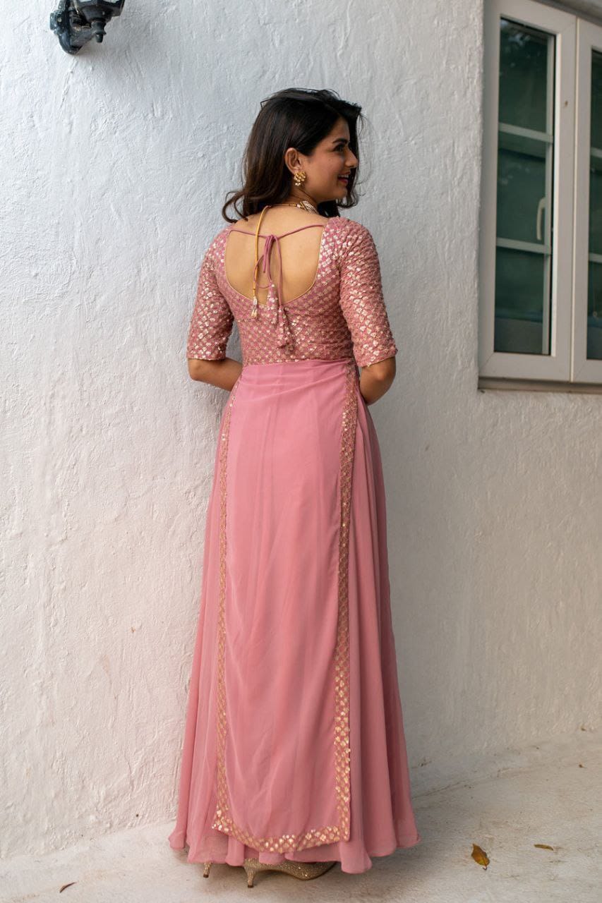 Dusty Pink Sequin Pannel Long Dress - Joshindia