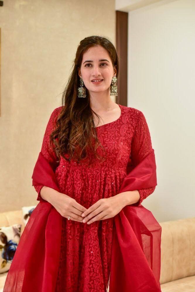 Red Chikankari Kurti - Joshindia