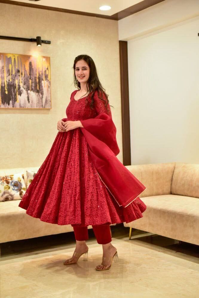 Red Chikankari Kurti - Joshindia
