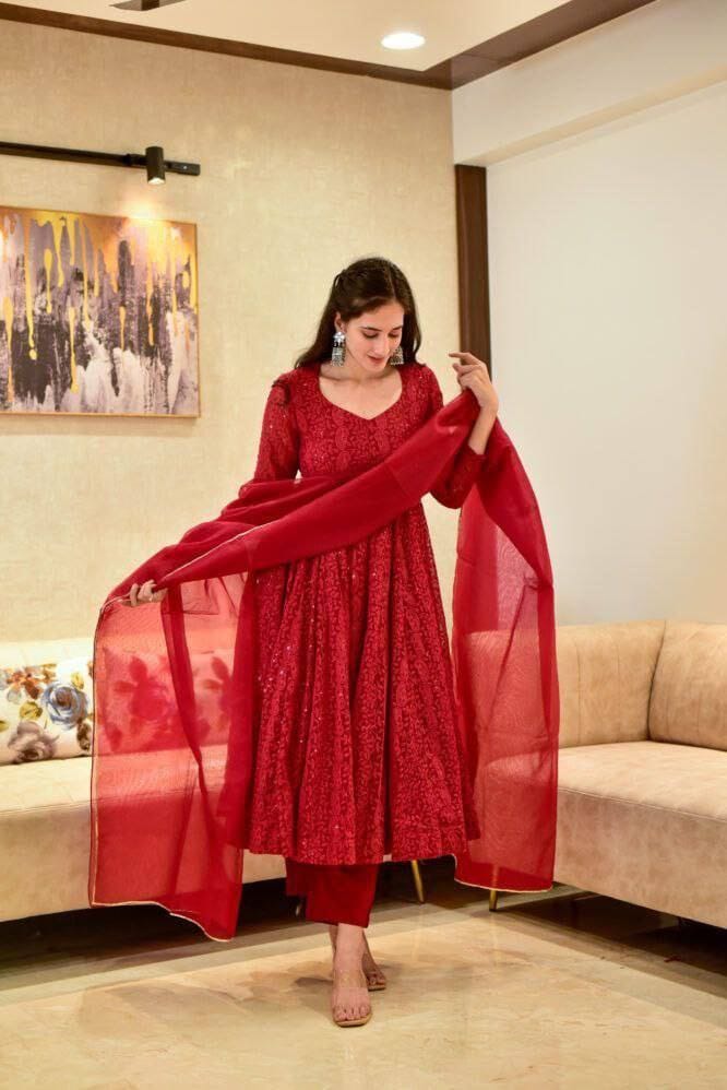 Red Chikankari Kurti - Joshindia