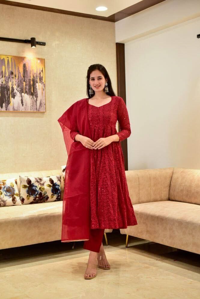 Red Chikankari Kurti - Joshindia