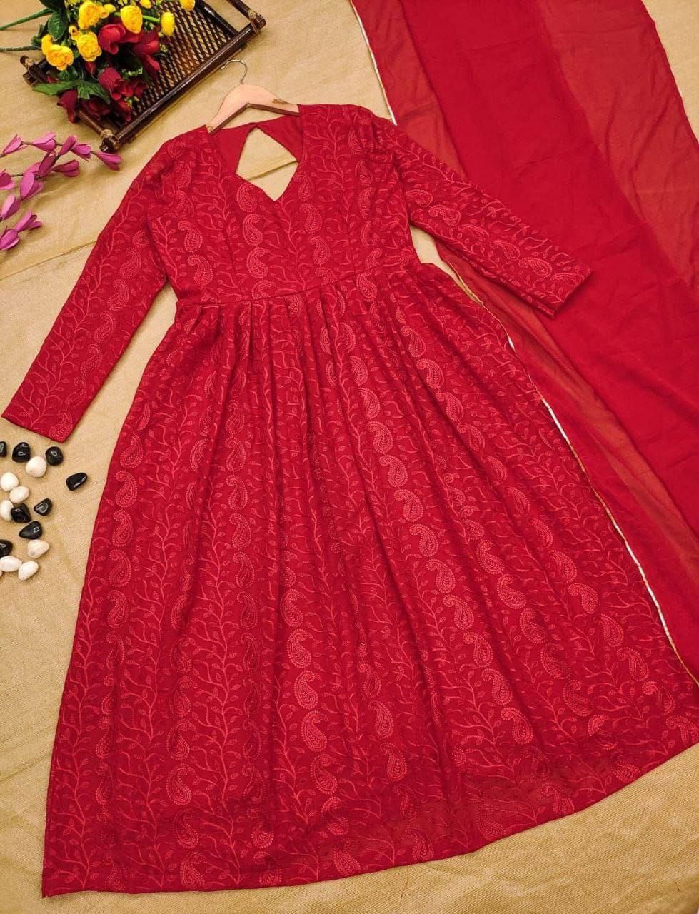 Red Chikankari Kurti - Joshindia