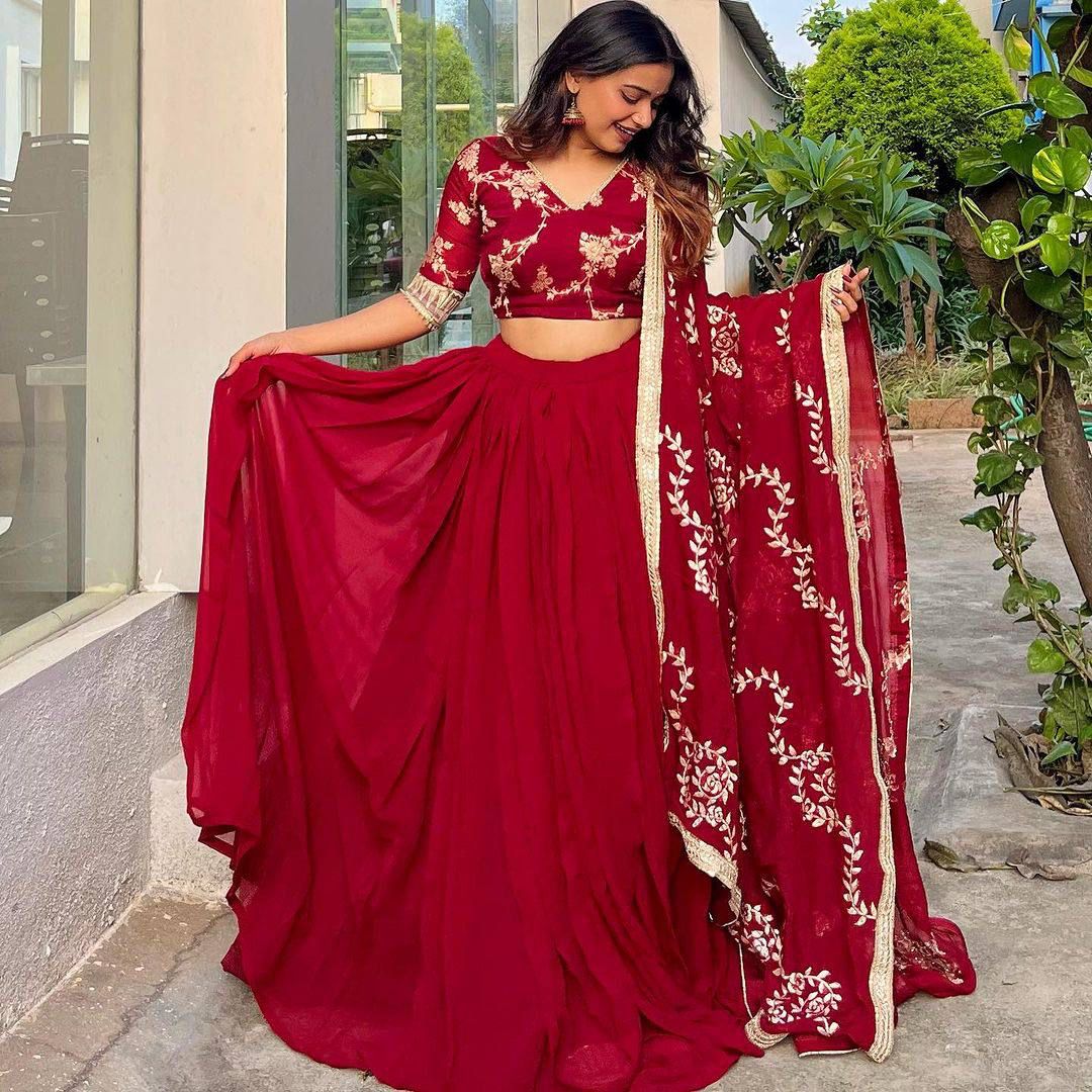 Buy Crimson Red Gota Embroidered Raw Silk Bridal Lehenga - Joshindia