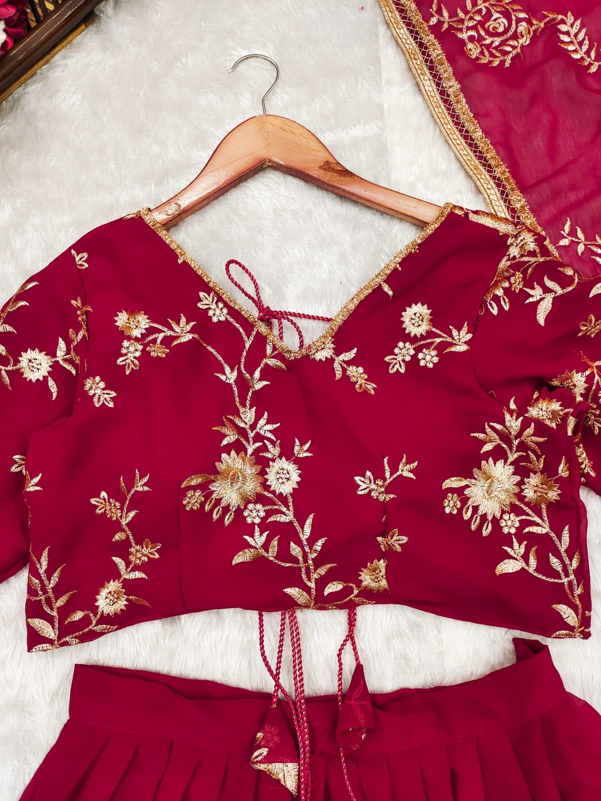 Buy Crimson Red Gota Embroidered Raw Silk Bridal Lehenga - Joshindia