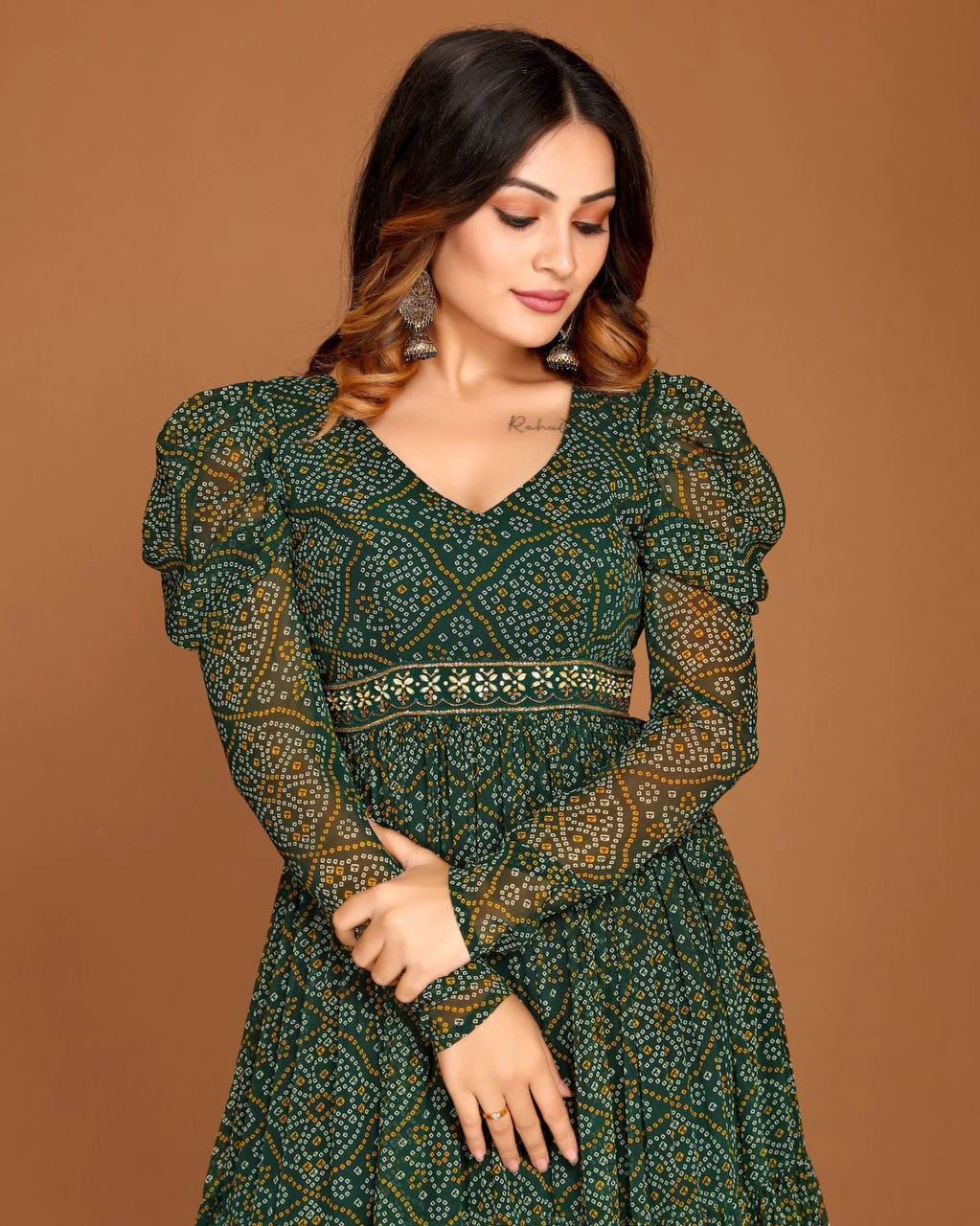 Green Georgette Printed Gown With Fancy Belt - Joshindia