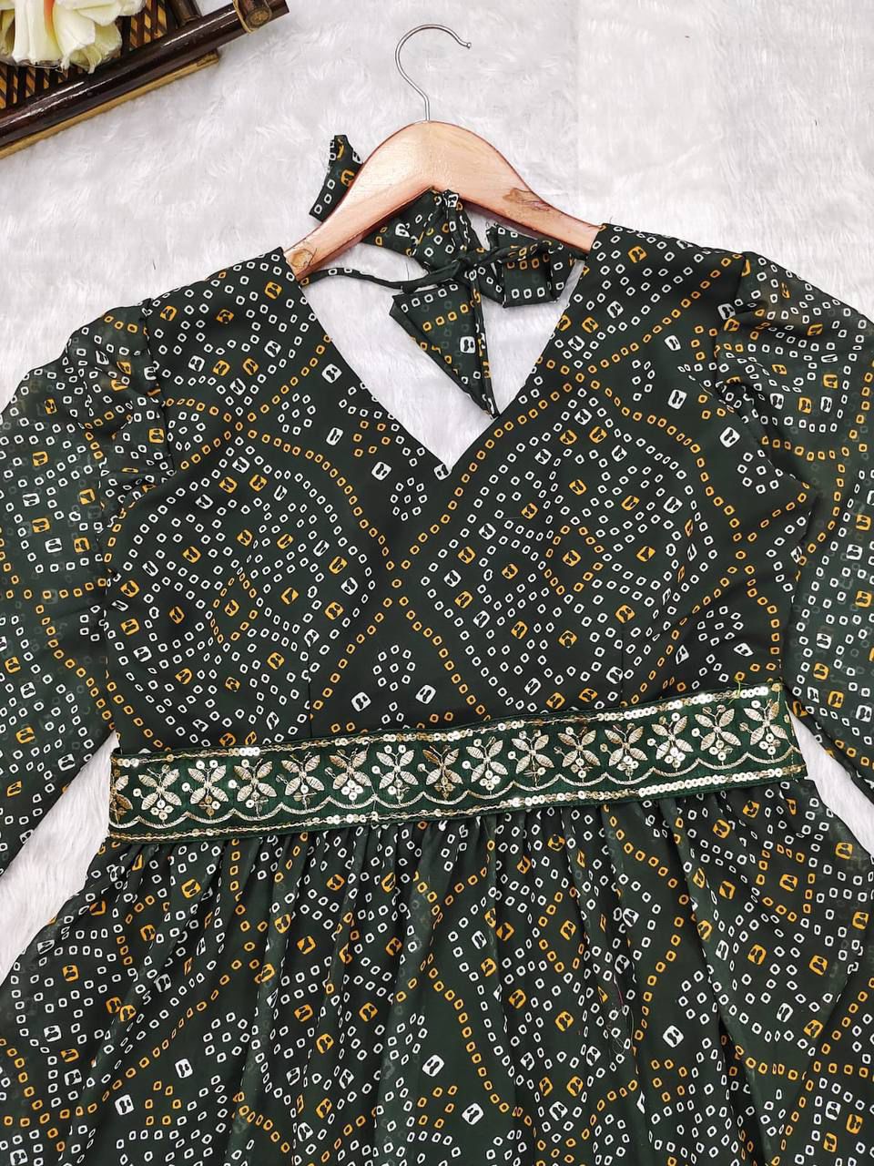Green Georgette Printed Gown With Fancy Belt - Joshindia