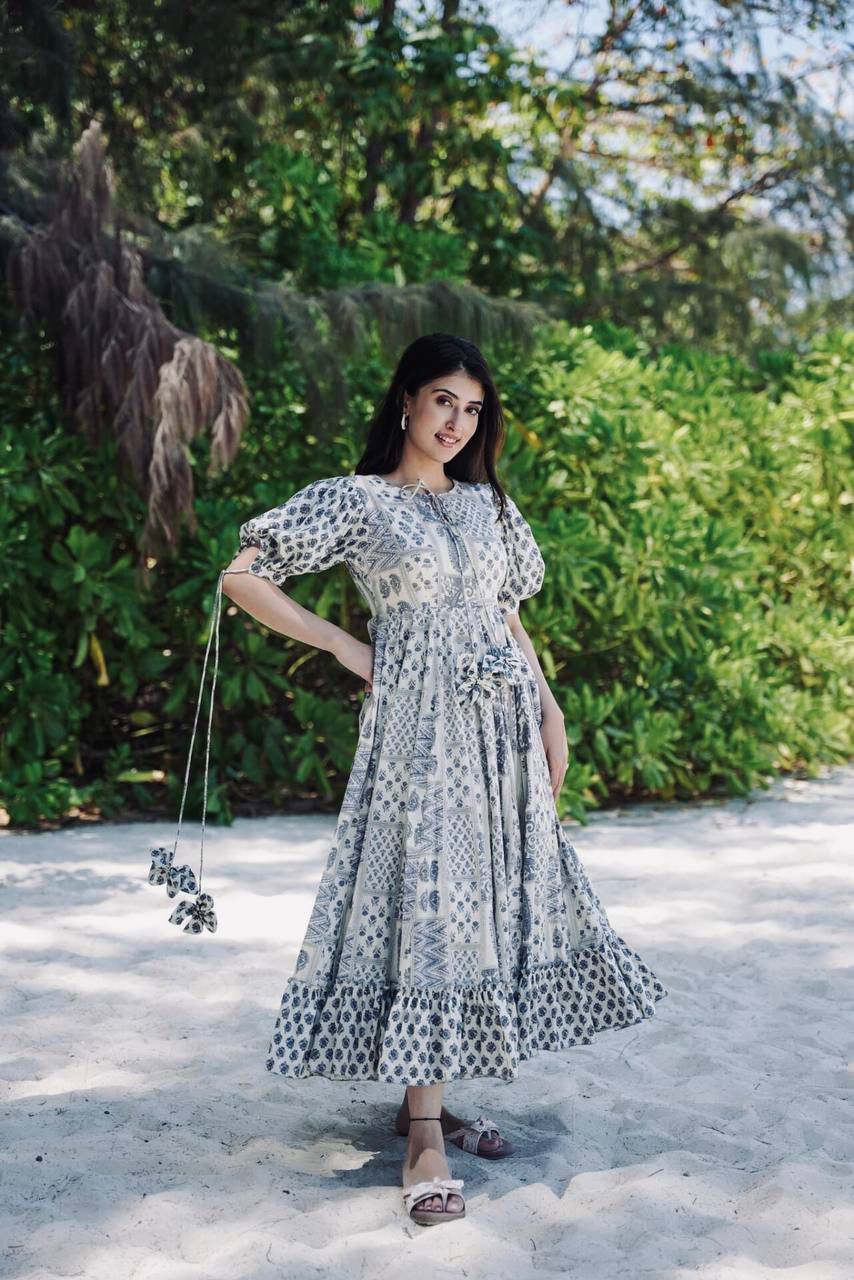 Black And White Abstract Printed A-Line Western Dress - Joshindia
