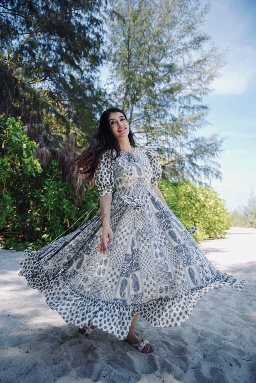 Black And White Abstract Printed A-Line Western Dress - Joshindia