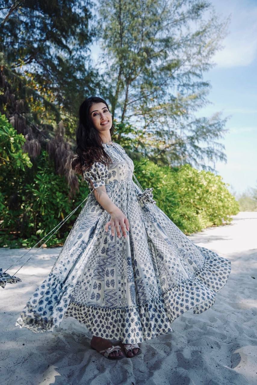 Black And White Abstract Printed A-Line Western Dress - Joshindia