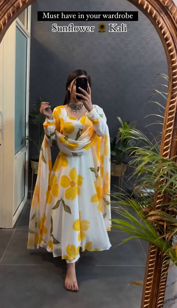 Sunflower Kali Fox Georgette Gown With Dupatta Set - Joshindia