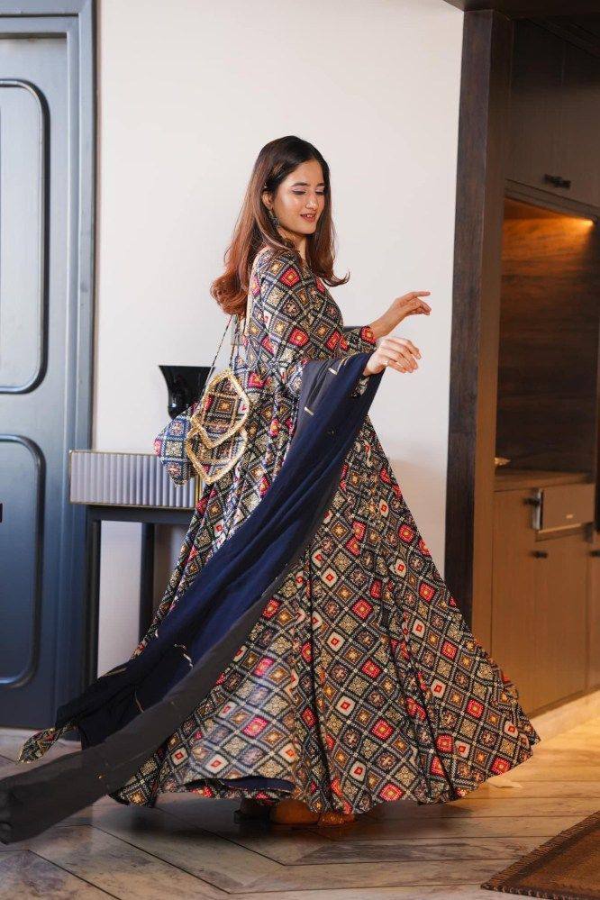 Blue Grey Rayon Anarkali Gown With Dupatta - Joshindia